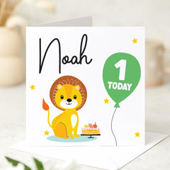 Personalised Kids 3rd Birthday Card for Boy Girl 2 Today Lion Jungle Themed with Balloon and Cake Cute Toddler Keepsake I am three