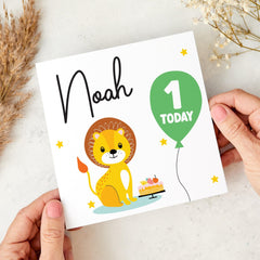 Personalised Kids 3rd Birthday Card for Boy Girl 2 Today Lion Jungle Themed with Balloon and Cake Cute Toddler Keepsake I am three