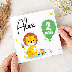 Personalised Kids 4th Birthday Card for Boy Girl 4 Today Lion Jungle Themed with Balloon and Cake Cute Toddler Keepsake I am four