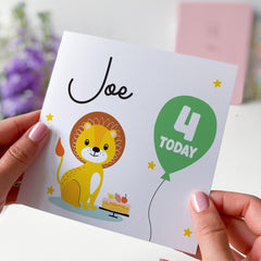 Personalised Kids 4th Birthday Card for Boy Girl 4 Today Lion Jungle Themed with Balloon and Cake Cute Toddler Keepsake I am four