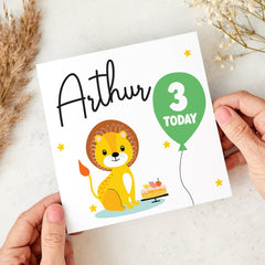 Personalised Kids Birthday Card for Boy Girl 1 Today Lion Jungle Themed with Balloon and Cake Cute Toddler Keepsake 1st 2nd 3rd 4th I am one