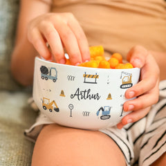Personalised Kids Cereal Bowl, Custom Name Ceramic Dish, Digger Construction Trucks, Toddler Boy Birthday Gift