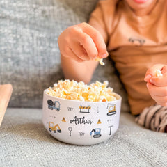 Personalised Kids Cereal Bowl, Custom Name Ceramic Dish, Digger Construction Trucks, Toddler Boy Birthday Gift