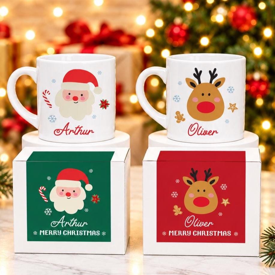 Personalised Kids Christmas Mug with Named Gift Box, Name Santa Reindeer Penguin Snowman, Toddler Xmas