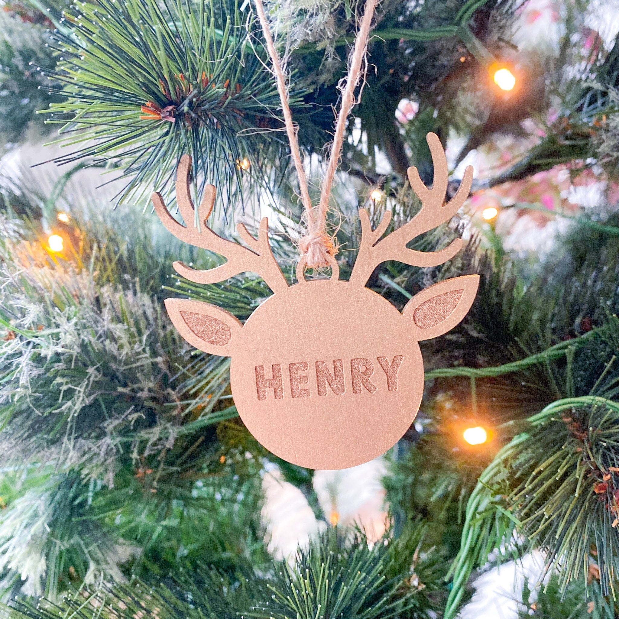Personalised Christmas Ornament Name Wooden Reindeer Dainty Xmas Decor Gold Silver Rose Gold Black Natural