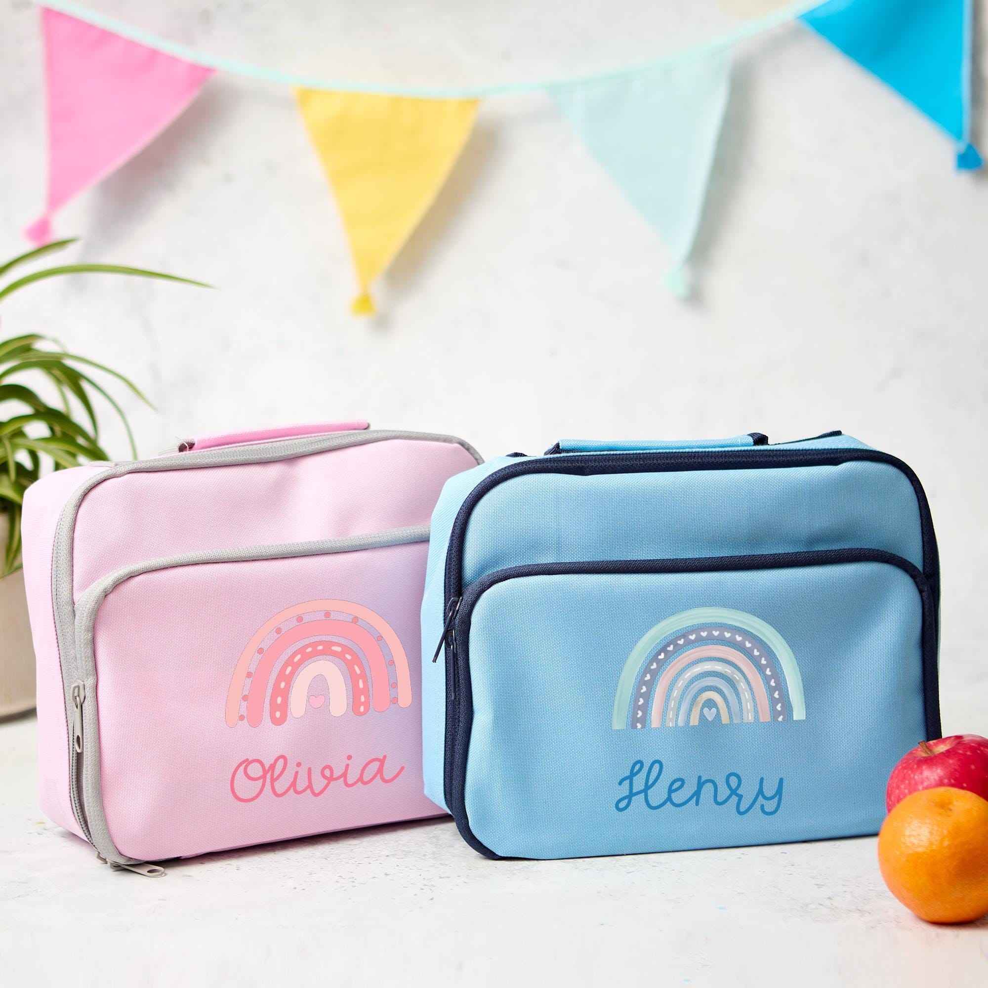 Personalised Kids Lunch Cooler Bag with Kids Name Pink or Blue Rainbow Designs Back to School Gift for Boys Girls Nephew Niece Son Daughter