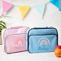 Personalised Kids Lunch Cooler Bag with Kids Name Pink or Blue Rainbow Designs Back to School Gift for Boys Girls Nephew Niece Son Daughter
