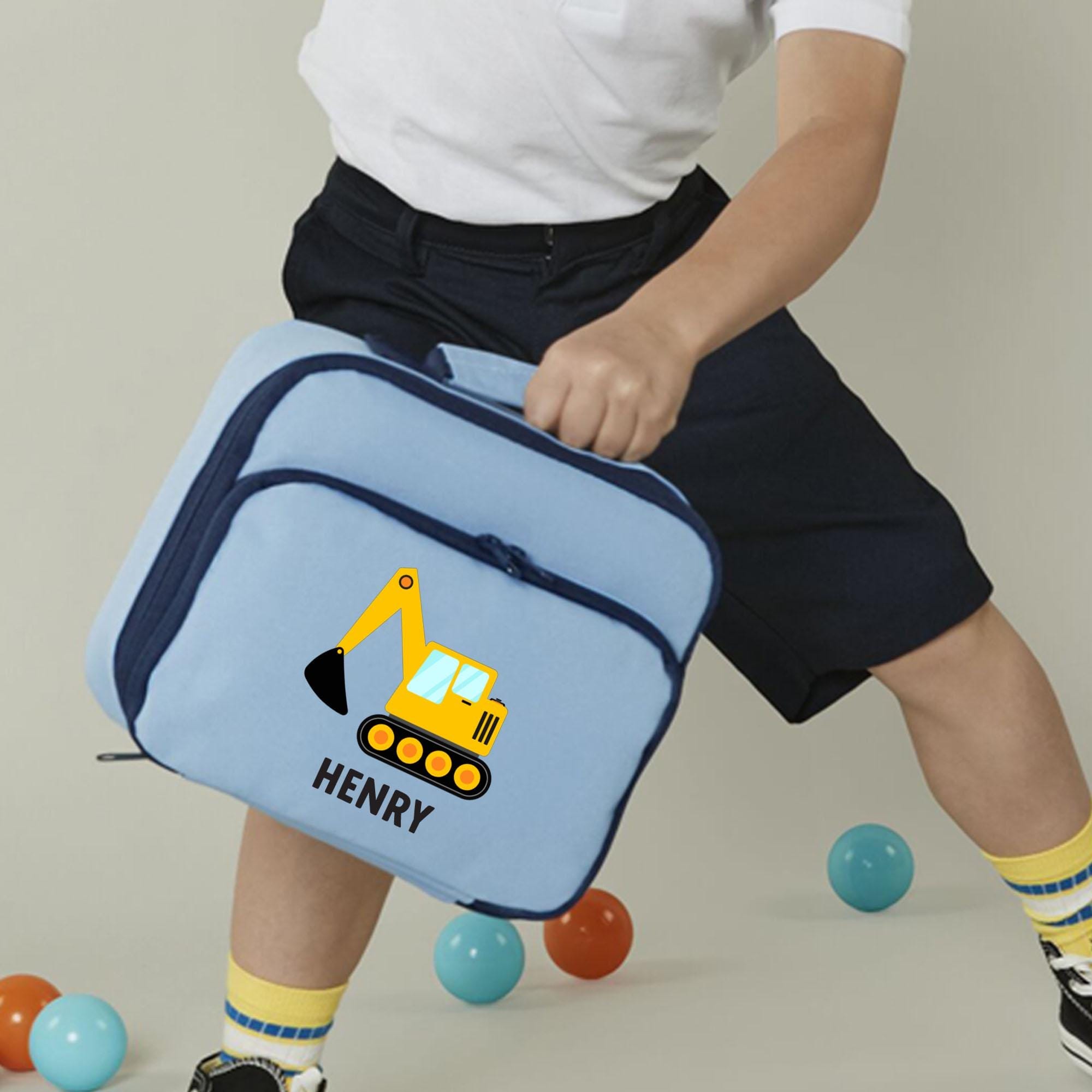Personalised Kids Lunch Cooler Bag with Name Construction Vehicle Digger Dump Truck Cement Mixer Design Back to School Gift for Boys Girls