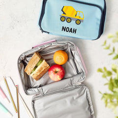 Personalised Kids Lunch Cooler Bag with Name Construction Vehicle Digger Dump Truck Cement Mixer Design Back to School Gift for Boys Girls