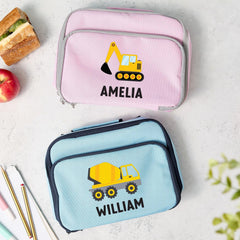 Personalised Kids Lunch Cooler Bag with Name Construction Vehicle Digger Dump Truck Cement Mixer Design Back to School Gift for Boys Girls