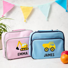 Personalised Kids Lunch Cooler Bag with Name Construction Vehicle Digger Dump Truck Cement Mixer Design Back to School Gift for Boys Girls