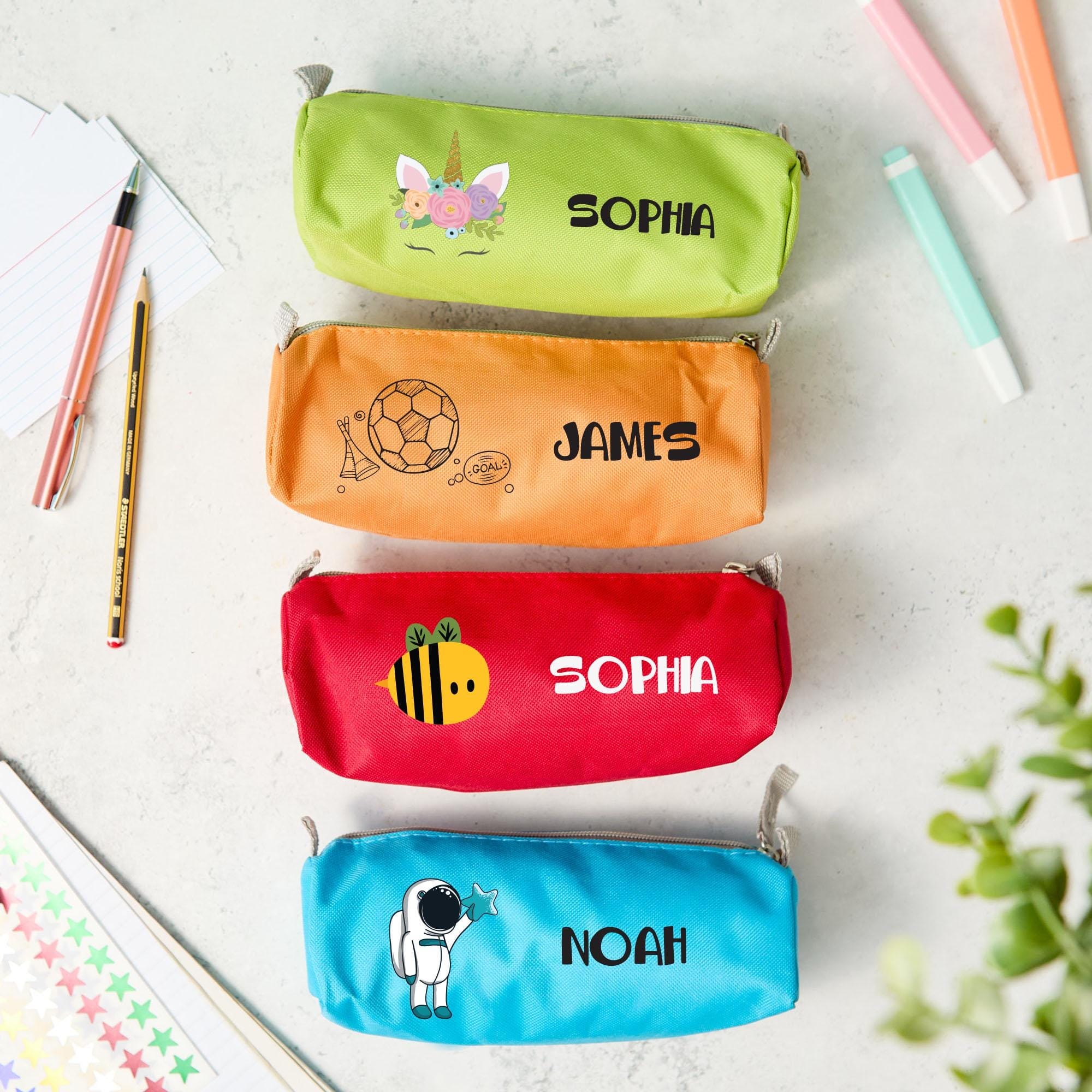 Personalised Kids Pencil Case with Kids Name Rainbow Unicorn Astronaut Bee Dinosaur Football Designs Back to School Gift for Boys Girls