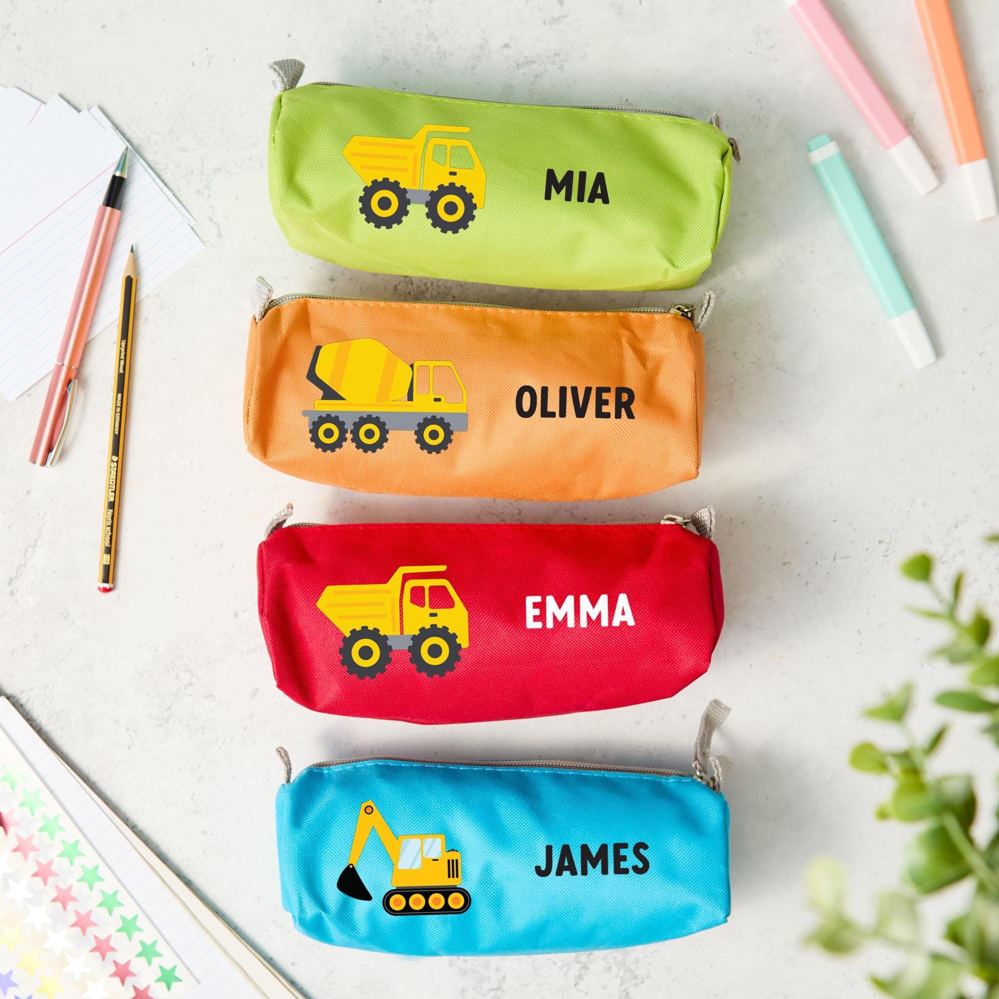 Personalised Kids Pencil Case with Name Construction Vehicle Digger Dump Truck Cement Mixer Design Back to School Gift for Boys Girls