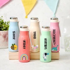 Personalised Kids Stainless Steel Water Bottle 400ml Pastel Flask Bee Unicorn Rainbow Astronaut Dinosaur Design for Boy Girl Back to School