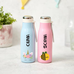 Personalised Kids Stainless Steel Water Bottle 400ml Pastel Flask Bee Unicorn Rainbow Astronaut Dinosaur Design for Boy Girl Back to School