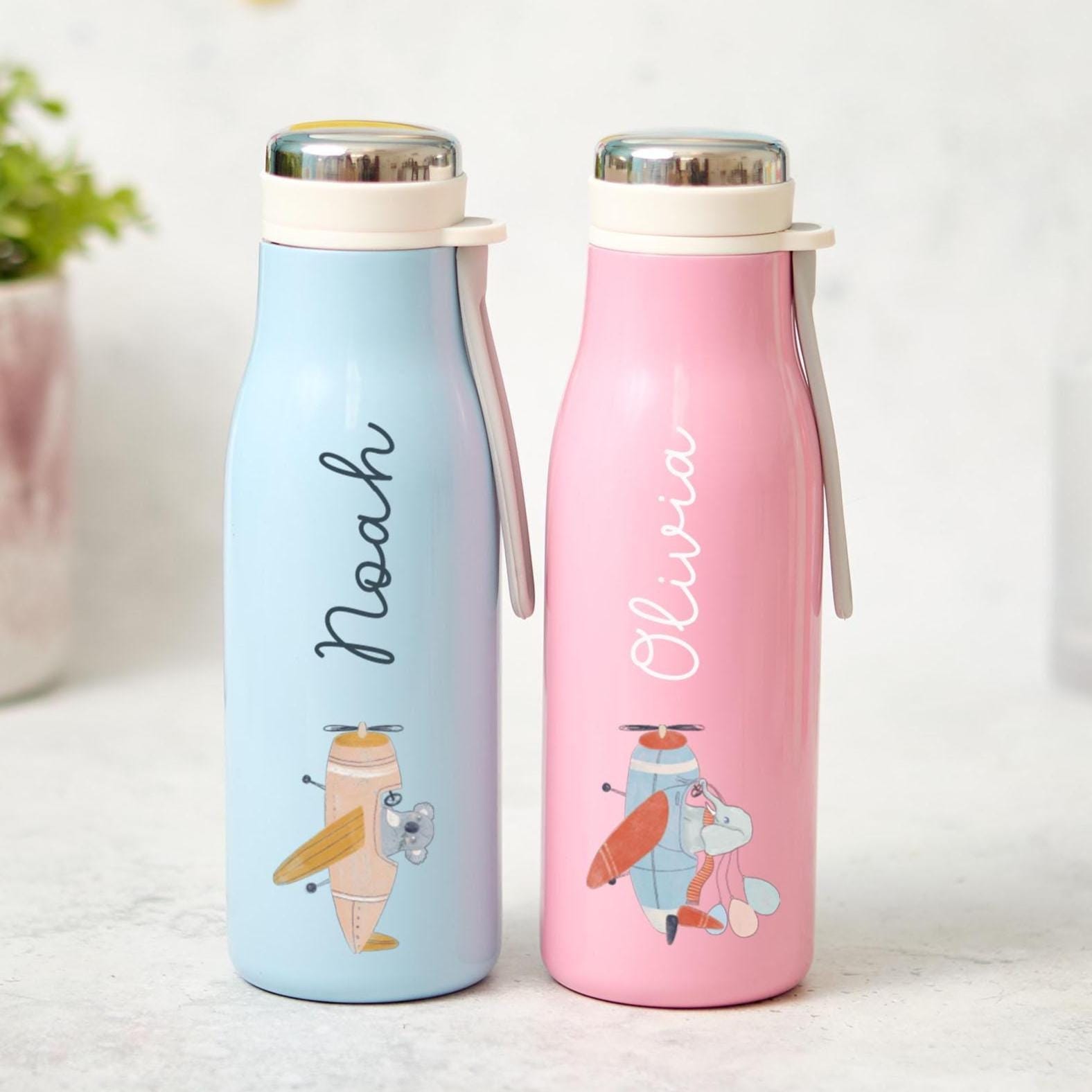 Personalised Kids Stainless Steel Water Bottle 400ml Pastel Flask Cute Animal Design for Boy Girl Back to School Aeroplane Pink Blue Mint