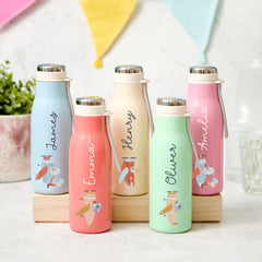 Personalised Kids Stainless Steel Water Bottle 400ml Pastel Flask Cute Animal Design for Boy Girl Back to School Aeroplane Pink Blue Mint