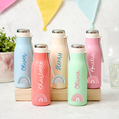 Personalised Kids Stainless Steel Water Bottle Pastel Flask Rainbow Design for Boy Girl Back to School Christmas Birthday Gift for Boy Girl