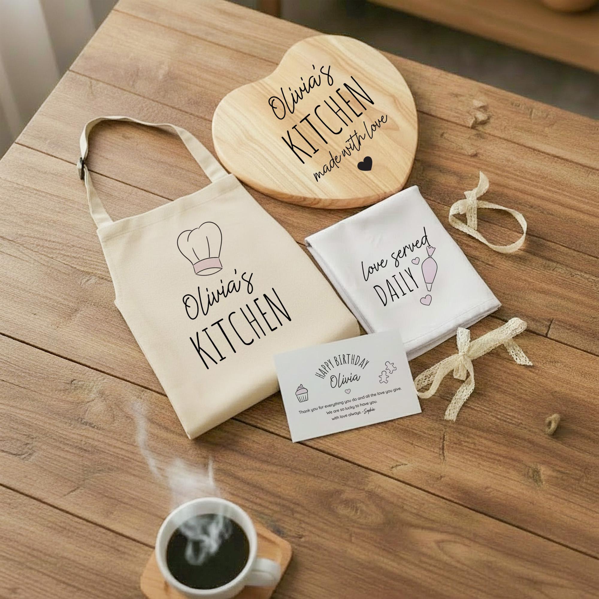 Personalised Kitchen Gift Set for Her – Apron, Heart Chopping Board & Tea Towel with Card