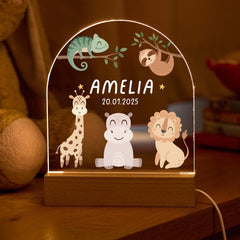 Personalised LED Night Light Name Birthdate Woodland Jungle Safari Animals Design Baby Gift Nursery Lamp