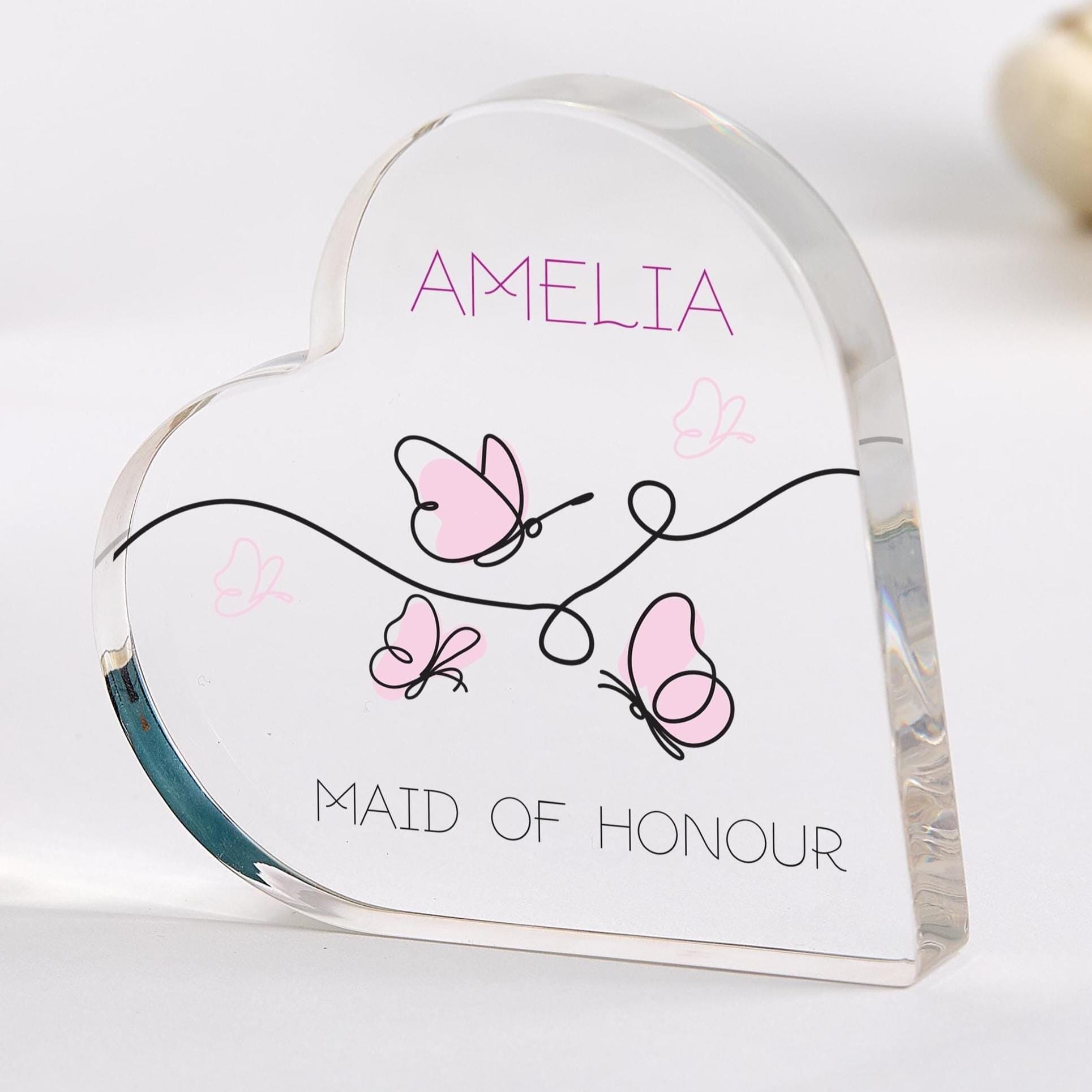 Personalised Maid of Honour Gift Acrylic Plaque Custom Name Wedding Gift with Butterfly Design for Bridesmaid Proposal or Keepsake Thank You