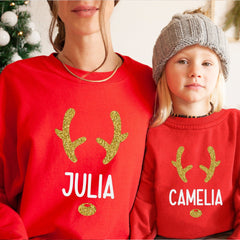 Personalised Matching Family Christmas Jumper With Name In Gold Glitter Unisex Adult And Kids Size