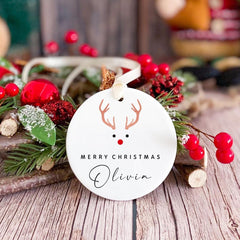Personalised Merry Christmas Ceramic Ornament for Her Him Gift for Child Grandchild Niece Nephew Friend Custom Name Reindeer Tree Decoration