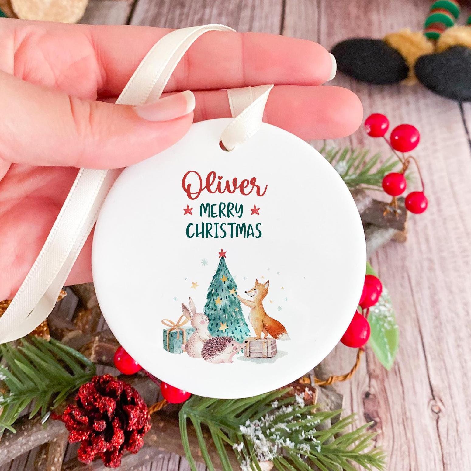 Personalised Merry Christmas ceramic ornament for kids toddler baby boy girl nephews niece son daughter names with cute Christmas decoration