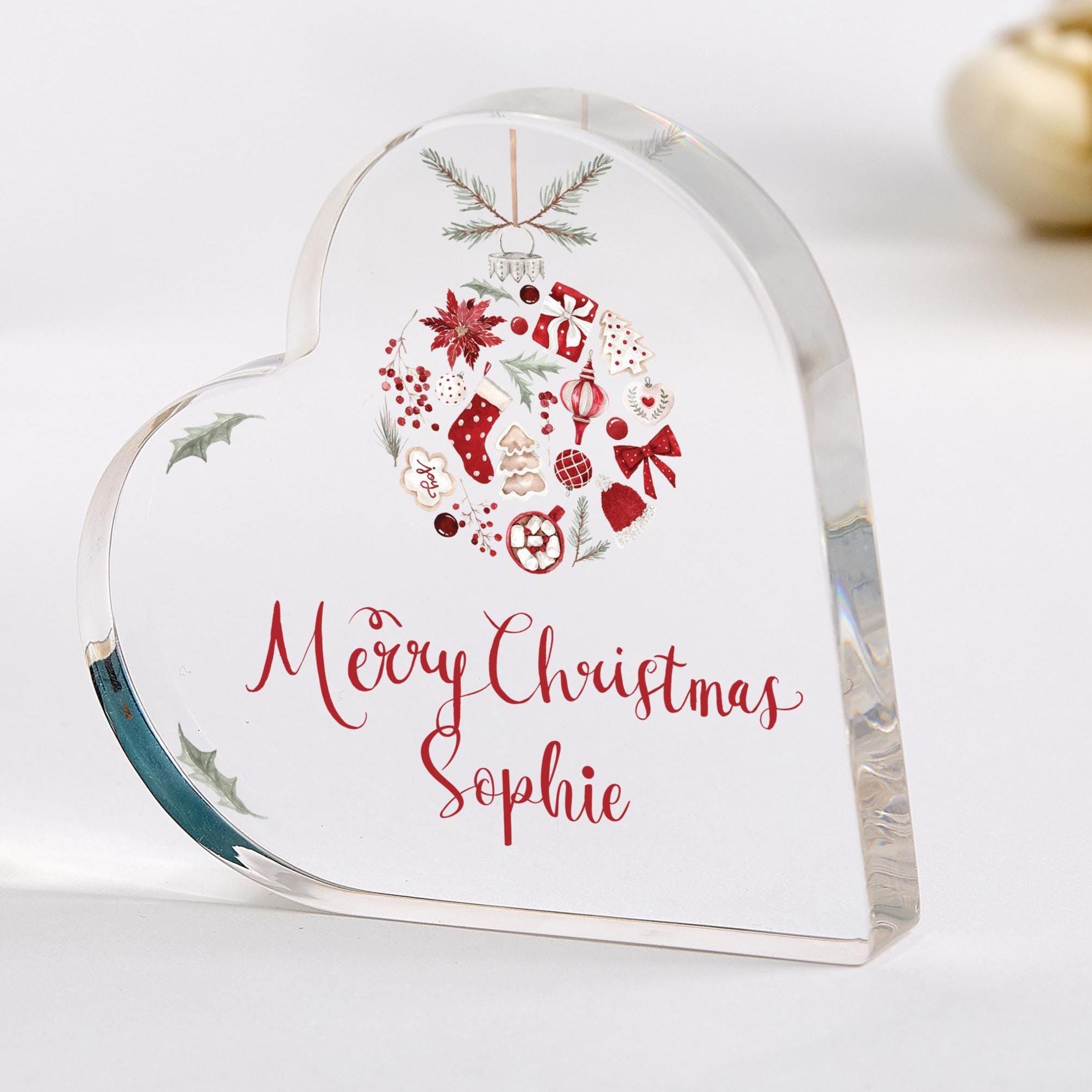 Personalised Merry Christmas Heart Acrylic Plaque with Name – Custom Festive Gift for Friend Family Xmas Decoration for Her Him