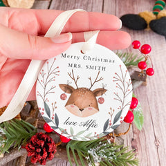 Personalised Merry Christmas Teacher Ornament Cute Reindeer Decoration Gift from Child Nursery Primary Assistant Teacher Xmas Keepsake