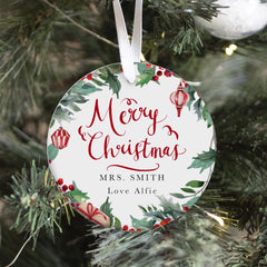 Personalised Merry Christmas Teacher Tree Decoration Festive Wreath Ornament Gift from Child or Class