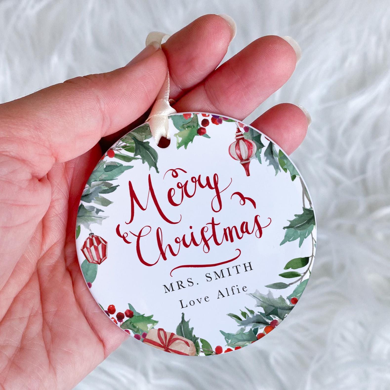 Personalised Merry Christmas Teacher Tree Decoration Festive Wreath Ornament Gift from Child or Class