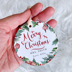 Personalised Merry Christmas Teacher Tree Decoration Festive Wreath Ornament Gift from Child or Class