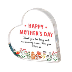 Personalised Mum Acrylic Heart Plaque – Happy Mother’s Day Floral Keepsake for Mum from Daughter or Son