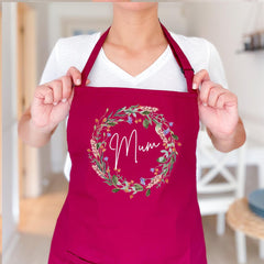 Personalised Mum Apron Floral Wreath Custom Cooking Baking Apron Gift for Mother's Day Gift for Mum Grandma Nanny