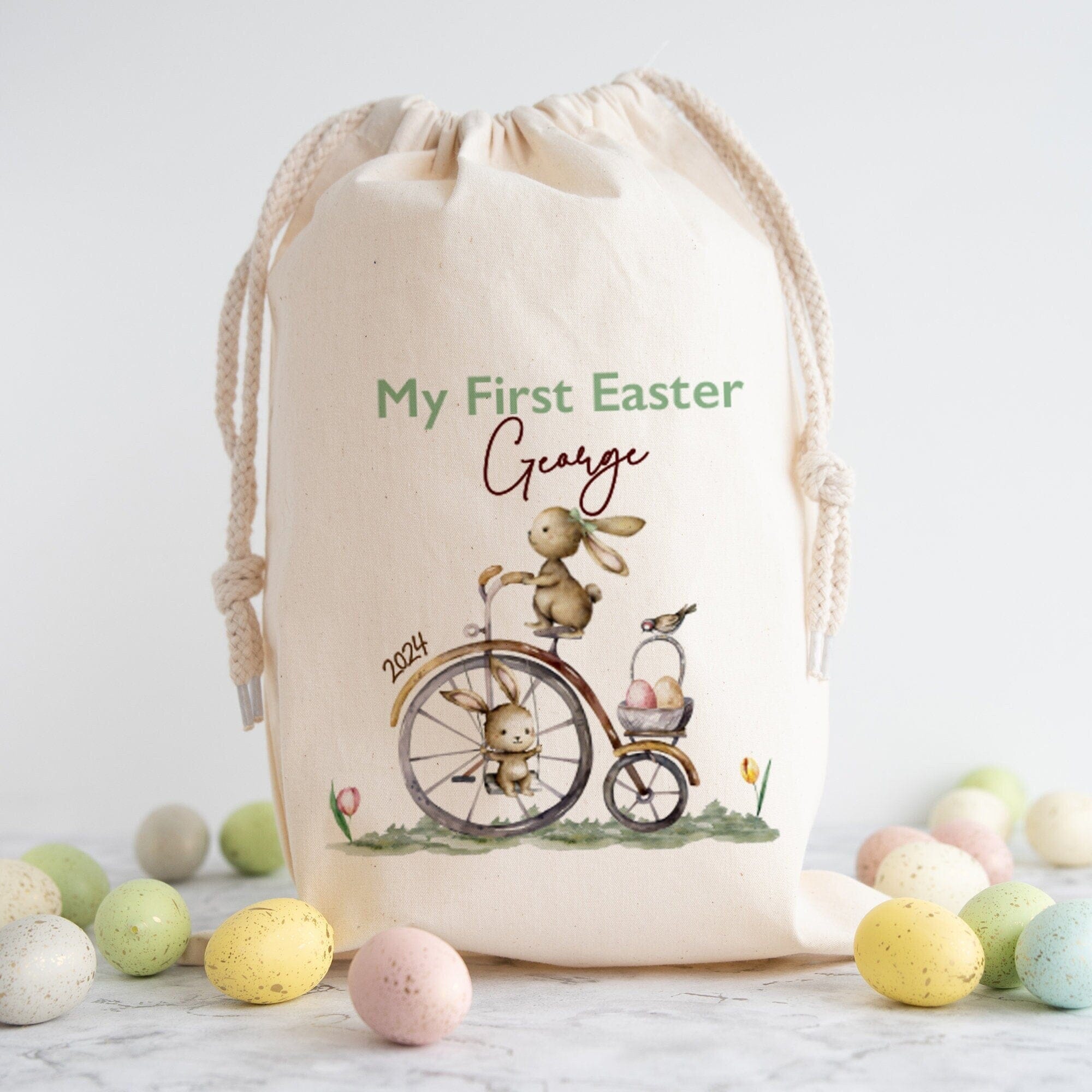 Personalised My First Easter Stuff Bag Name Easter Bunny Rabbit Design Egg Hunt Treat Bag 1st Easter