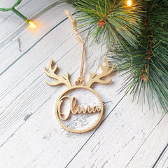 Personalised Name Wooden Gift Tag Reindeer Christmas Gift Tag Gold Silver Rose Gold Black Natural Colour