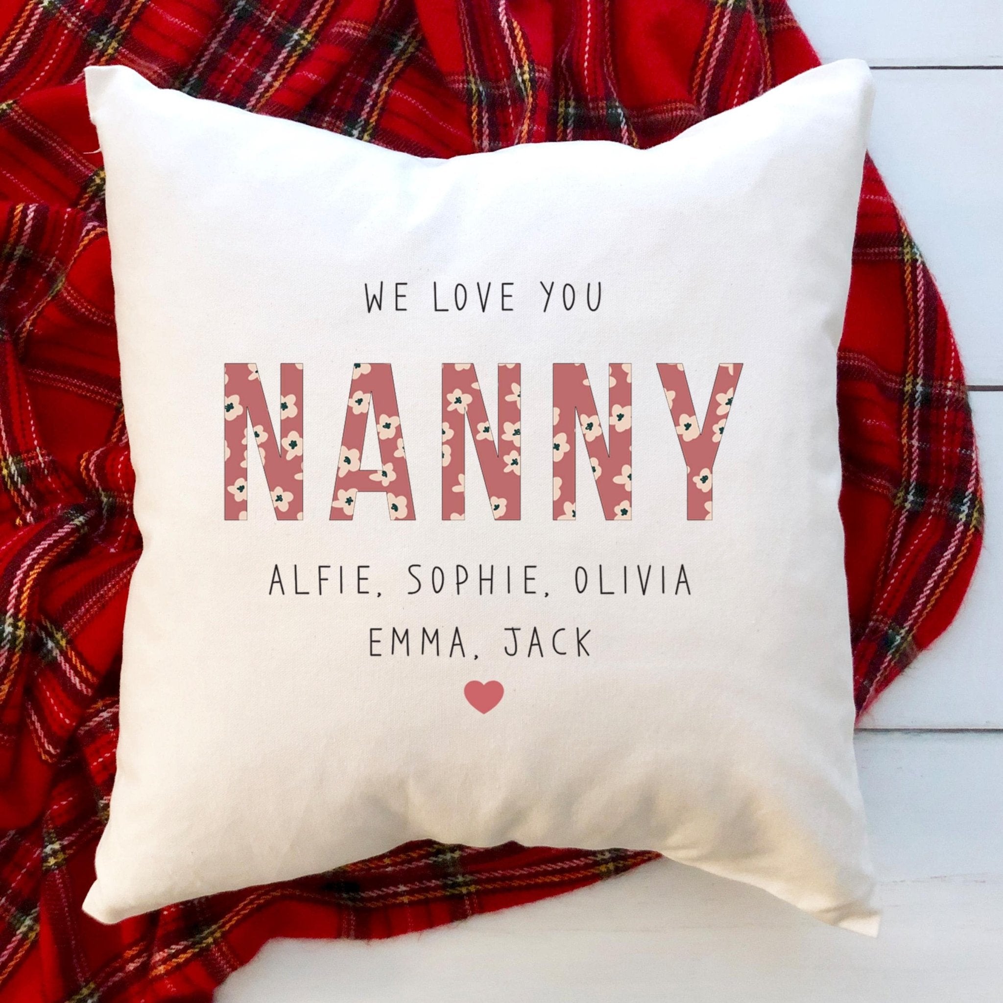 Personalised Nanny Cushion with Grandchildren Names – Cute Mother’s Day, Birthday or Christmas Gift – We Love You Floral Pillow Present