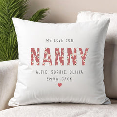 Personalised Nanny Cushion with Grandchildren Names – Cute Mother’s Day, Birthday or Christmas Gift – We Love You Floral Pillow Present