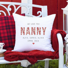Personalised Nanny Cushion with Grandchildren Names – Cute Mother’s Day, Birthday or Christmas Gift – We Love You Floral Pillow Present