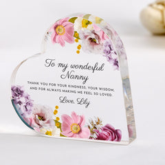 Personalised Nanny Heart Acrylic Plaque Keepsake, Floral Gift for Christmas, Birthday & Mother's Day