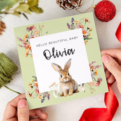 Personalised New Baby Card Custom Name Bunny and Floral Hello Beautiful Baby Girl or Boy Sweet Woodland Theme Keepsake Welcome to the world