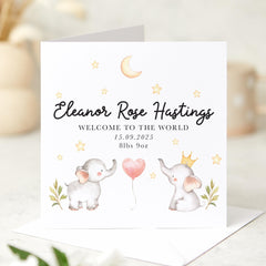 Personalised New Baby Card for Girl or Boy Welcome to the World Card with Name Date Weight Cute Elephant Stars Design New Mum Dad Parents