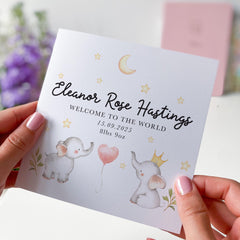 Personalised New Baby Card for Girl or Boy Welcome to the World Card with Name Date Weight Cute Elephant Stars Design New Mum Dad Parents