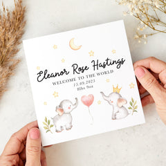 Personalised New Baby Card for Girl or Boy Welcome to the World Card with Name Date Weight Cute Elephant Stars Design New Mum Dad Parents