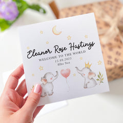 Personalised New Baby Card for Girl or Boy Welcome to the World Card with Name Date Weight Cute Elephant Stars Design New Mum Dad Parents