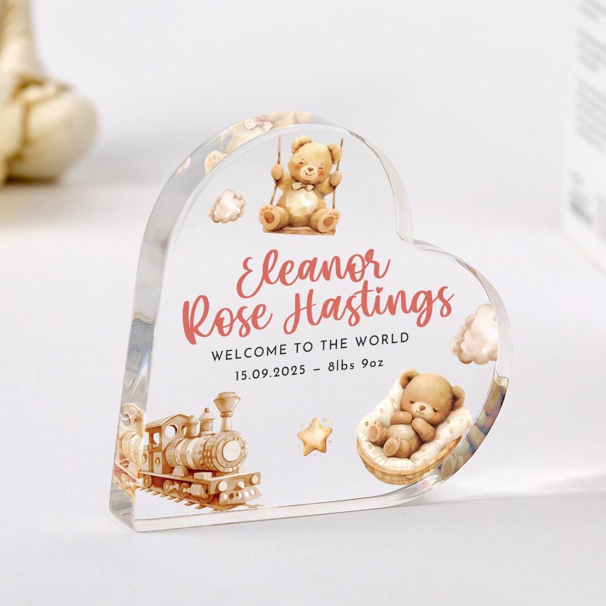 Personalised New Baby Gift Heart - Shaped Acrylic Plaque Custom Keepsake for Baby Boy Girl with Name Birth Date Weight Cute Teddy Train