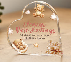 Personalised New Baby Gift Heart - Shaped Acrylic Plaque Custom Keepsake for Baby Boy Girl with Name Birth Date Weight Cute Teddy Train