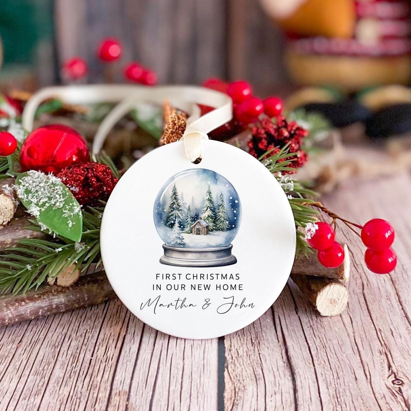 Personalised New Home Christmas Ceramic Ornament First Xmas in Our New House Hanging Decoration Keepsake Gift for Couple or Family