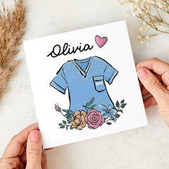 Personalised Nurse Thank You Card Blue Scrubs Design Floral Detail Card for Healthcare Hero Appreciation Birthday Card for Nurse